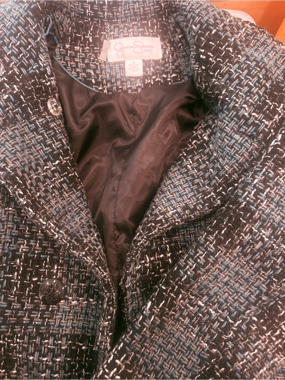 Jessica Simpson Black and Blue Textured Tweed Coat